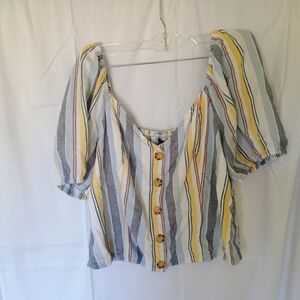 Abercrombie & Fitch Striped Button-Up Puff Sleeves Top - Yellow, Blue, Gray